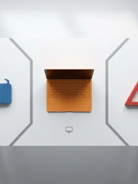 Wit bureau met drie geometrische zones: blauwe router in beveiligde zone, oranje laptop in werkzone, rood waarschuwingsdriehoek in beperkte zone