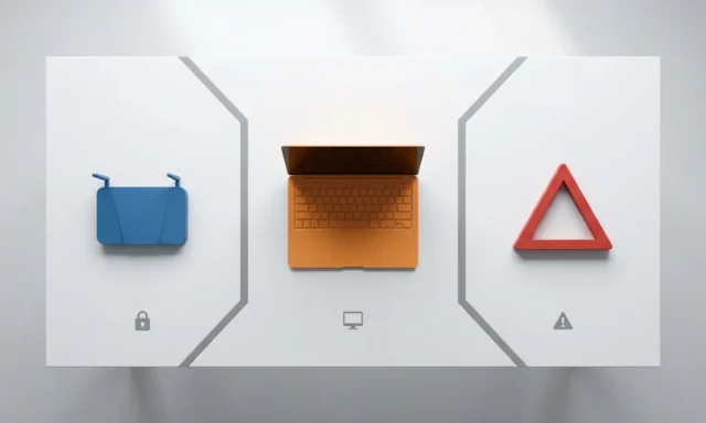 Wit bureau met drie geometrische zones: blauwe router in beveiligde zone, oranje laptop in werkzone, rood waarschuwingsdriehoek in beperkte zone