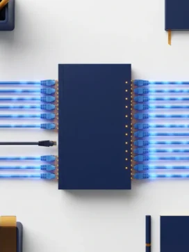 Moderne netwerkswitch met gloeiende ethernet-kabels in parallelle lijnen, één kabel ontkoppeld en donker op wit bureau