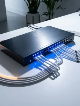 Netwerk switch met oplichtende ethernet-poorten op wit bureau, georganiseerde kabels in geometrische patronen