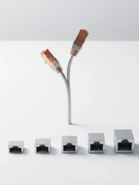 Netwerkkabel met koperen connectoren en ethernet-poorten in oplopende grootte op witte ondergrond, symboliseert bedrijfsgroei