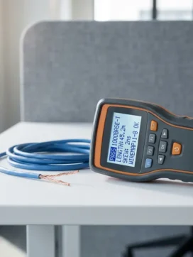 Professionele netwerkkabel tester met digitaal display naast opgerolde ethernet kabel op wit bureau