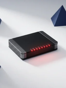 Moderne kantoorrouter met rode waarschuwingslampjes op wit bureau in minimalistisch interieur
