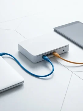 Router met blauwe ethernetkabel naar laptop en oranje kabel naar tablet op witte bureau