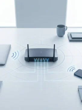 Moderne kantoorrouter met verlichte ethernet-poorten op wit bureau, laptop en smartphone tonen sterke connectiviteit