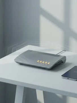 Moderne router met ambergele waarschuwingslampjes op wit bureau naast smartphone met zwak signaal