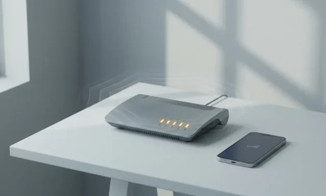 Moderne router met ambergele waarschuwingslampjes op wit bureau naast smartphone met zwak signaal