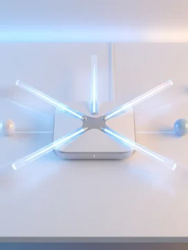 Moderne router met gloeiende antennes op wit bureau, omringd door geometrische vormen van verbonden apparaten