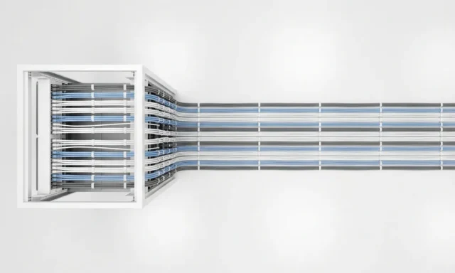 Georganiseerde serverrack met witte, blauwe en grijze ethernetkabels in geometrische patronen in moderne witte serverruimte