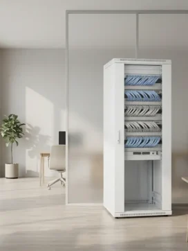 Witte serverrek met netjes gerangschikte ethernet kabels in moderne kantoorruimte met glazen wanden en natuurlijk licht