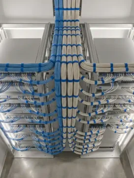 Serverrek met kleurgecodeerde ethernet kabels in parallelle lijnen, beveiligd met velcro strips in moderne datacenter