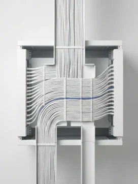 Witte serverrack met perfect georganiseerde ethernet kabels in parallelle lijnen door kabelmanagement kanalen, één blauwe kabel geaccentueerd
