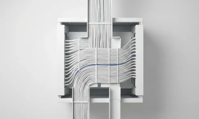 Witte serverrack met perfect georganiseerde ethernet kabels in parallelle lijnen door kabelmanagement kanalen, één blauwe kabel geaccentueerd