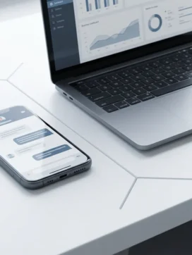 Moderne smartphone en laptop op wit bureau met persoonlijke berichten-app en professioneel dashboard, gescheiden door geometrische lijn