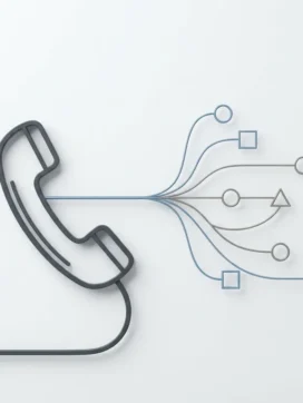 Telefoonhoorn op wit bureau verbonden met netwerkapparaten via vertakte kabels in minimalistische lijnkunststijl