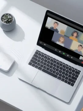 Laptop met bevroren videobelscherm op witte bureau naast wifi-router en vetplant in minimalistische werkruimte