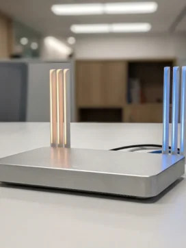 Moderne wifi-router met twee antenne-arrays op wit bureau, amber licht voor 2.4 GHz en blauw licht voor 5 GHz signalen