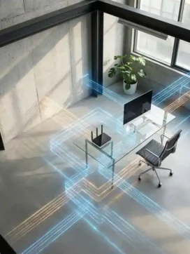 Moderne kantoorruimte met betonnen muren en stalen balken, Wi-Fi signaalpatronen als geometrische lichtstralen, draadloze router op glazen bureau