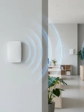 Witte draadloze access point gemonteerd op kantoorwand met blauwe netwerkgolven die verbinding maken met andere apparaten