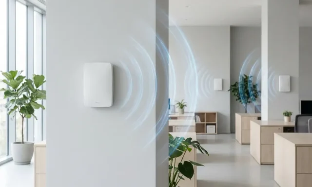 Witte draadloze access point gemonteerd op kantoorwand met blauwe netwerkgolven die verbinding maken met andere apparaten