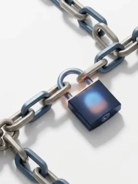 Verlichte hangslot verbonden met stalen kettingschakel op wit oppervlak, symboliseert digitale beveiliging en netwerk.