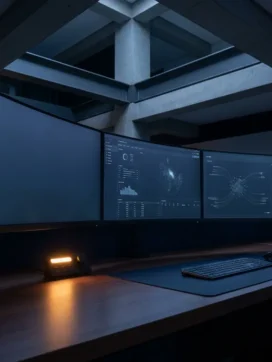 Beveiligingsanalist werkstation 's nachts, drie monitoren met blauw licht en een gloeien amber waarschuwingsindicator op een minimalistisch bureau.