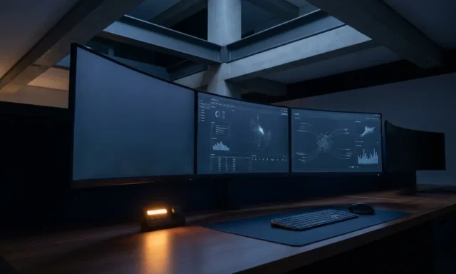 Beveiligingsanalist werkstation 's nachts, drie monitoren met blauw licht en een gloeien amber waarschuwingsindicator op een minimalistisch bureau.