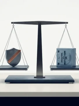 Precisie balansschaal met stalen schild en versterkte kluisdeur in evenwicht, minimalistische compositie in marineblauw en leisteengrijs.