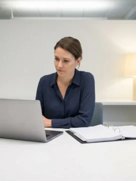 Ondernemer aan minimalistisch bureau met open beveiligingscompliancemap naast gesloten laptop in rustig kantoor.