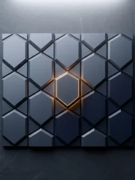 Geometrisch raster van onderling verbonden schildvormen op leisteen ondergrond, één schild uitgelicht als focuspunt, beveiligingsrisicobeoordeling concept.