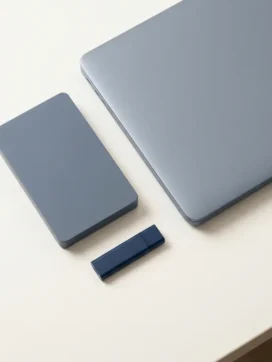 Externe harde schijf en USB-stick naast een laptop op een wit bureau, bovenaanzicht met strak minimalistisch design.