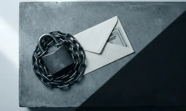 Stalen hangslot met dikke ketting op betonnen ondergrond naast envelop met contant geld, dramatische zijverlichting.