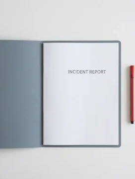 Open incidentrapport map op wit bureau met een rode marker ernaast, minimalistisch bovenaanzicht in grijs en wit.