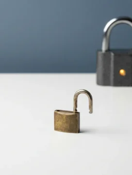 Klein ontgrendeld hangslot op wit bureau, met een groter beveiligd slot op de achtergrond in blauwgrijze tinten.
