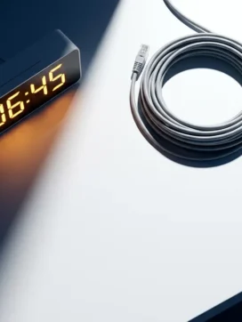 Gloeiende wekker met amberkleurig display op wit bureau naast precies opgerolde ethernetkabel, bovenaanzicht.