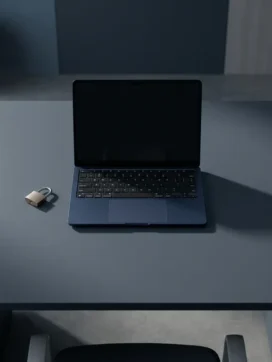 Open laptop op een minimalistische grijze bureau met een hangslot ernaast, symboliseert digitale beveiliging voor het mkb.