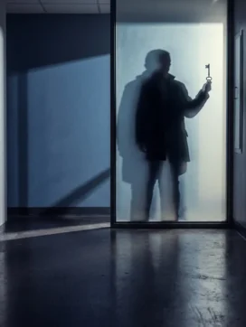 Silhouet van figuur achter bevroren glas met sierlijke skeletsleutel, donkere gang op de achtergrond, dramatische zijverlichting.