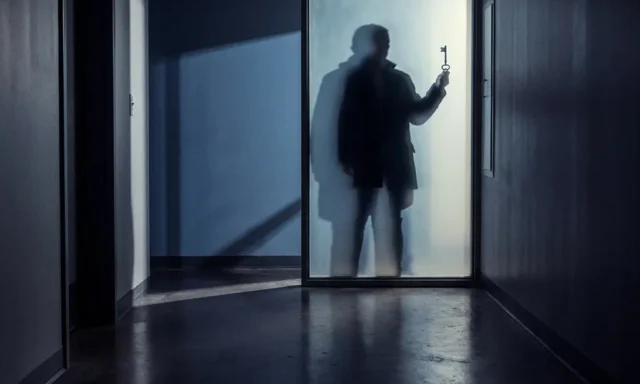 Silhouet van figuur achter bevroren glas met sierlijke skeletsleutel, donkere gang op de achtergrond, dramatische zijverlichting.