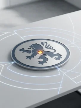 Blauw-wit Nederlands schildembleem op minimalistisch bureau, omgeven door geometrische netwerklijnen die digitale beveiliging voor mkb symboliseren.