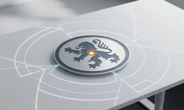 Blauw-wit Nederlands schildembleem op minimalistisch bureau, omgeven door geometrische netwerklijnen die digitale beveiliging voor mkb symboliseren.