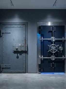 Stalen veiligheidsdeur met één slot naast een kluisdeur met meerdere vergrendelingsmechanismen in een minimalistische grijsblauwe gang.