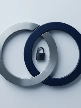 Twee in elkaar grijpende ringen van staal en marineblauw met een klein hangslot op het snijpunt, minimalistisch bovenaanzicht.