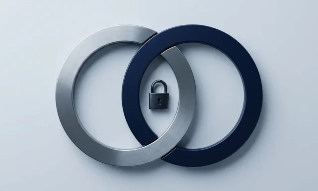 Twee in elkaar grijpende ringen van staal en marineblauw met een klein hangslot op het snijpunt, minimalistisch bovenaanzicht.