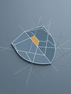 Geometrisch schild in leisteenblauw en wit op minimalistisch vlak oppervlak met hoekige rasterpatronen en amber accent.