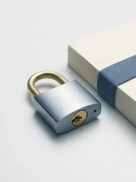 Stalen hangslot op wit bureau naast zakelijke documenten, symboliseert documentbeveiliging en gegevensbescherming.