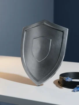 Stalen schild leunend tegen een wit bureau met een opgerolde ethernetkabel, in blauwgrijze tinten met directioneel licht.